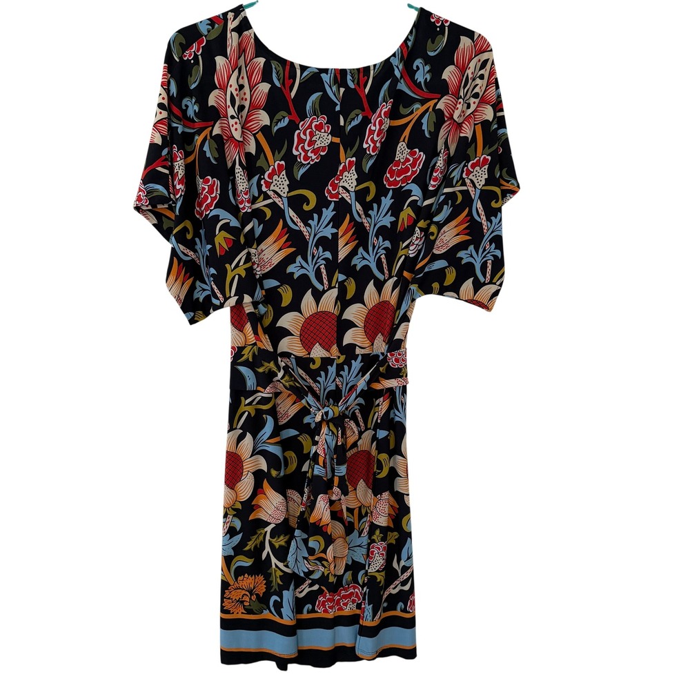 BCBGMAXAZRIA Floral Print Short Sleeve Tie Back Sheath Dress Navy Blue Small